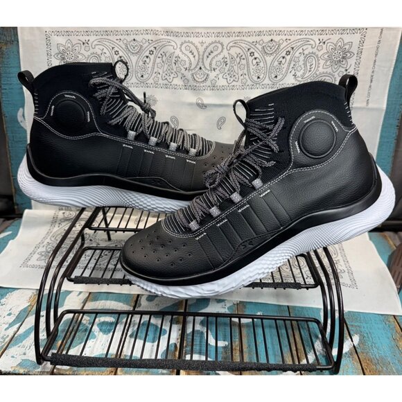 NEW Under Armour Curry 4 Flotro Suit And Tie Black White Sneakers Shoes Mens 11